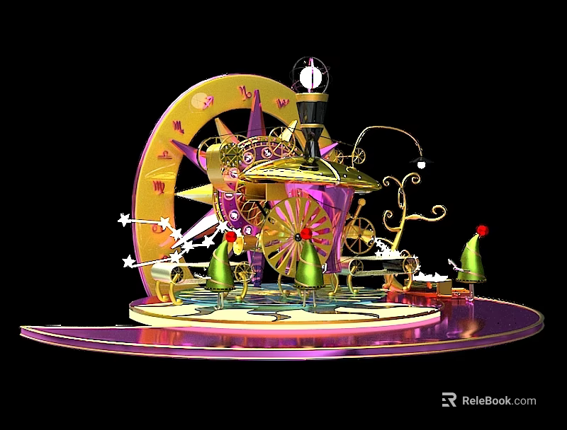 Ornate Stage With Gold Purple Decorations Carousel Structure Clock And Green Ornaments 3d model 