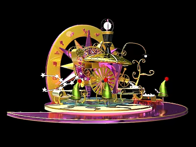 Ornate Stage With Gold Purple Decorations Carousel Structure Clock And Green Ornaments 3d model