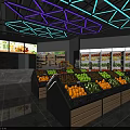 Modern Supermarket Grocery Store with Fresh Fruit Displays Shelves and Refrigerated Cases