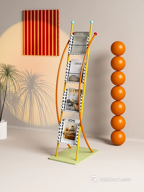 Modern Curved Yellow Bookshelf Design With Decorative Magazines Palm Shadows And Orange Spheres 3d model 