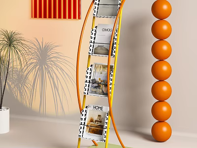 Modern Curved Yellow Bookshelf Design With Decorative Magazines Palm Shadows And Orange Spheres 3d model
