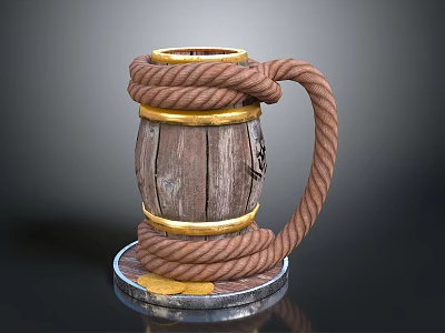 Wooden Barrel Shaped Mug With Rope Wrapped Design And Golden Rings Handle Metal Base 3d model