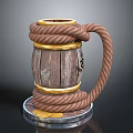 Wooden Barrel Shaped Mug With Rope Wrapped Design And Golden Rings Handle Metal Base