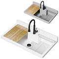 Black Kitchen Sink With Double Bowl Gold Faucet And Wooden Draining Board