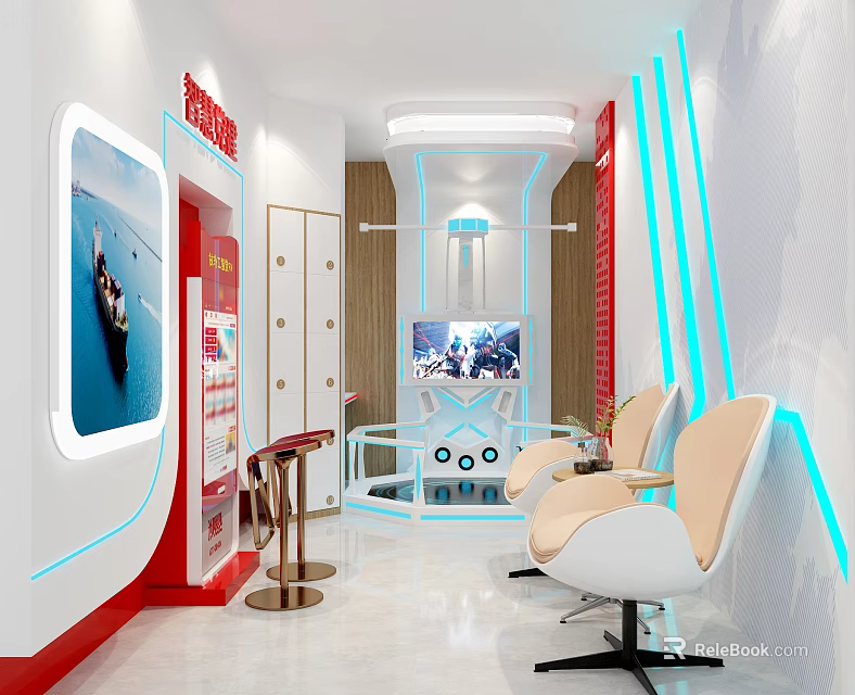 Modern Exhibition Hall Interior With White Red Decor Blue Light Strips And White Chairs 3d model 