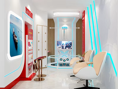 Modern Exhibition Hall Interior With White Red Decor Blue Light Strips And White Chairs 3d model