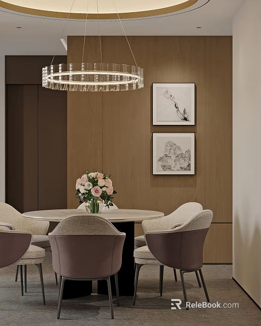 Elegant Restaurant Interior With Crystal Chandelier Decorative Paintings Round Table Wooden Wall And Upholstered Chairs 3d model 