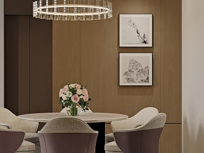 Elegant Restaurant Interior With Crystal Chandelier Decorative Paintings Round Table Wooden Wall And Upholstered Chairs 3d model