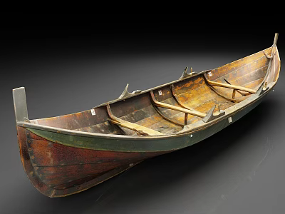 Traditional Wooden Canoe Interior Design With Brown Green Exterior And Wooden Seats 3d model