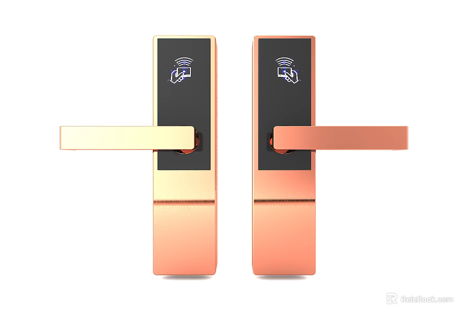 Rose Gold Smart Door Handles With Black Panel And Electronic Lock Features 3d model 