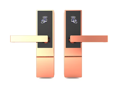 Rose Gold Smart Door Handles With Black Panel And Electronic Lock Features 3d model