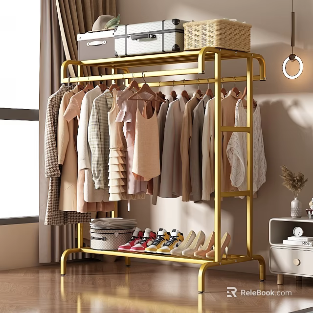 Light Colored Clothes Hanging On Gold Clothes Rack With Shoes And Natural Light 3d model 