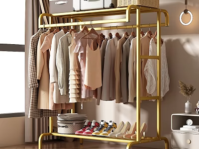 Light Colored Clothes Hanging On Gold Clothes Rack With Shoes And Natural Light 3d model
