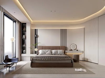 Modern Luxurious Bedroom Interior Design With Large Windows Bedside Table Vanity Rug And Wall Lamp 3d model