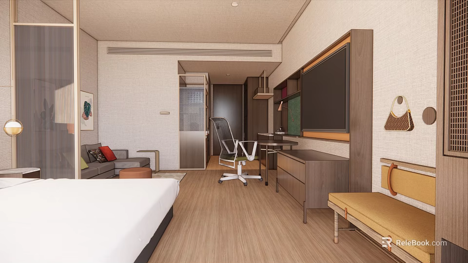 Modern Hotel Guest Room With Large Bed Sofa Desk Chair TV And Wooden Flooring 3d model 