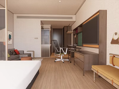 Modern Hotel Guest Room With Large Bed Sofa Desk Chair TV And Wooden Flooring 3d model