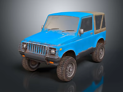 Blue Vintage Off-Road Car With Soft Top And Rugged Tires Appearance 3d model