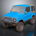 Blue Vintage Off-Road Car With Soft Top And Rugged Tires Appearance