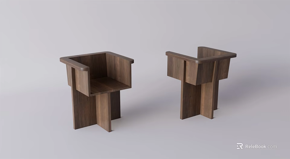 Modern Wooden Dining Chairs With Square Armrests And Minimalist Geometric Design 3d model 