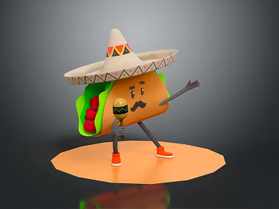 Anthropomorphic Taco Decorative Toy With Sombrero Mustache Holding Burger Orange Shoes On Orange Platform 3d model