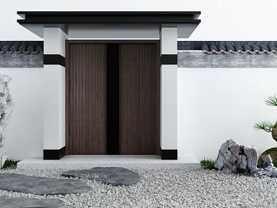 Chinese Style Wooden Entry Gate In Garden With Rocks And Plants 3d model