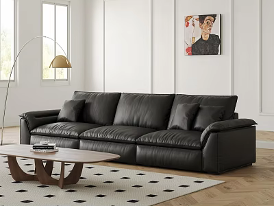 Modern Black Leather Sofa And Wooden Coffee Table Set In Living Room With Geometric Rug 3d model