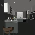 Modern Kitchen Interior Design With Dark Cabinets Island Stool And Window Blinds 3d model