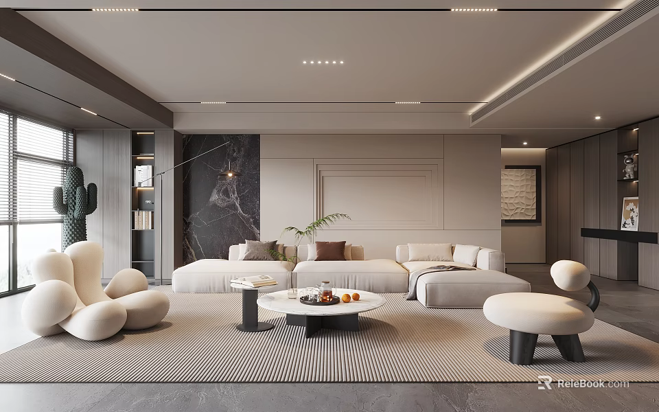 Modern Living Room Interior With Sofa Round Coffee Table Rug Plants And Recessed Lighting 3d model 