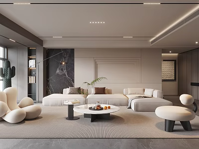 Modern Living Room Interior With Sofa Round Coffee Table Rug Plants And Recessed Lighting 3d model