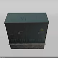 Industrial Green Double Door Electrical Distribution Box with Warning Signs Concrete Base Black Yellow Stripes
