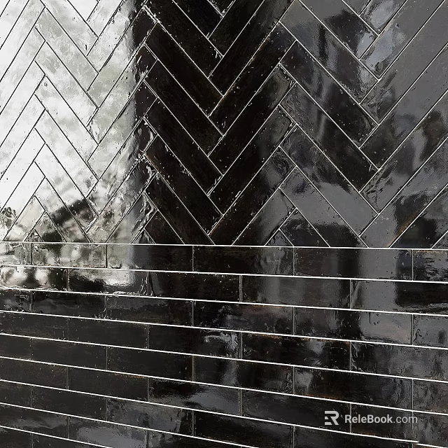 Modern Reflective Black Herringbone Glazed Tile Wall Design For Interior Space 3d model