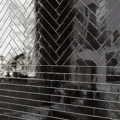 Modern Reflective Black Herringbone Glazed Tile Wall Design For Interior Space 3d model