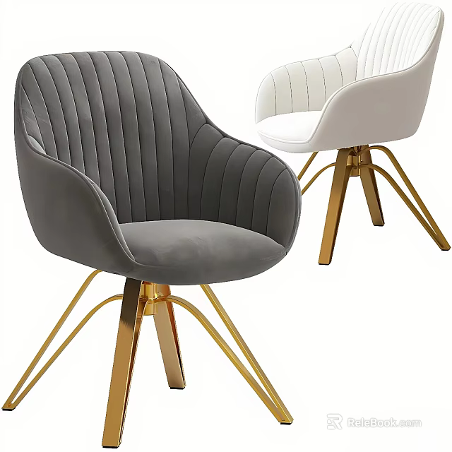 Modern Gray And White Velvet Accent Chairs With Curved Backrest And Golden Legs 3d model 