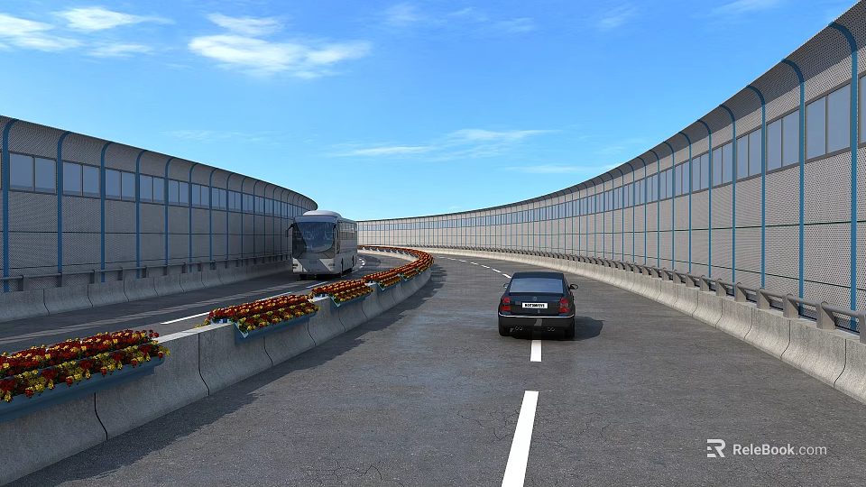 Urban Road Infrastructure Featuring Sound Barriers Median Strip With Flowers And Vehicles 3d model 