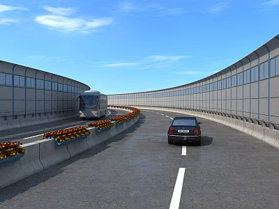 Urban Road Infrastructure Featuring Sound Barriers Median Strip With Flowers And Vehicles 3d model