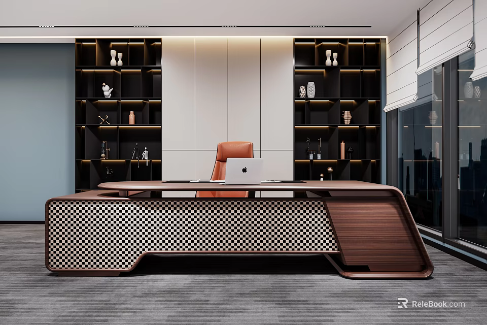 Modern Executive Office Desk With Woven Pattern Base Orange Leather Chair And Decorative Shelves 3d model 