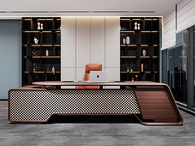 Modern Executive Office Desk With Woven Pattern Base Orange Leather Chair And Decorative Shelves 3d model