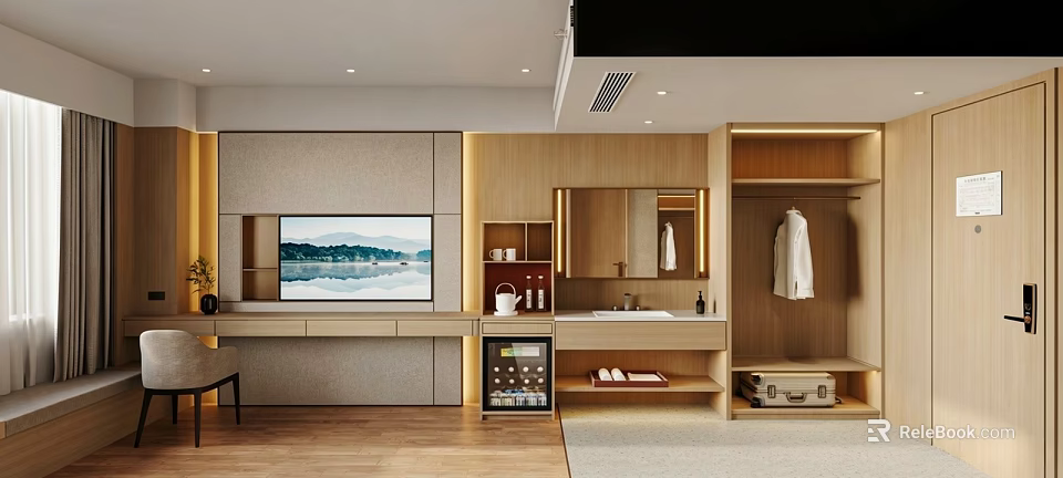 Hotel Room Interior With Modern Wooden Furniture TV Vanity Wardrobe And Mini Fridge 3d model 