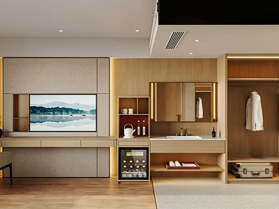 Hotel Room Interior With Modern Wooden Furniture TV Vanity Wardrobe And Mini Fridge 3d model