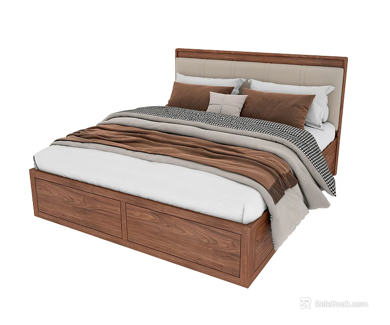 Wooden Double Bed with Upholstered Headboard Storage Drawers and Decorative Pillows 3d model 