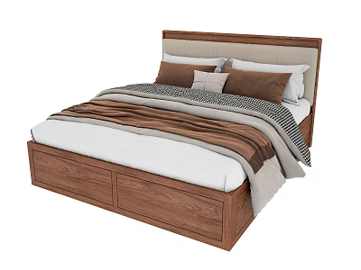 Wooden Double Bed with Upholstered Headboard Storage Drawers and Decorative Pillows 3d model
