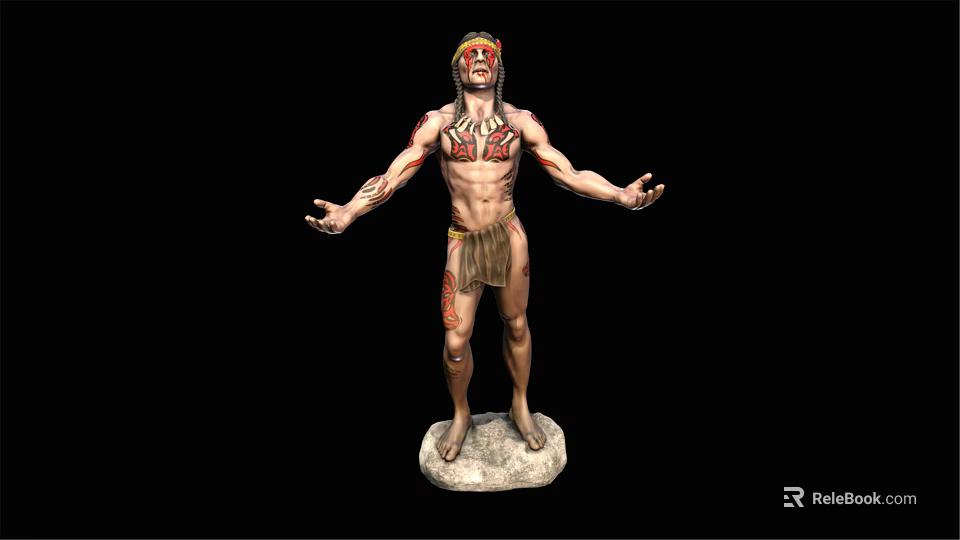 Tribal Style Game Movie Character With Chest Tattoos Headpiece And Stone Base Arms Outstretched 3d model 