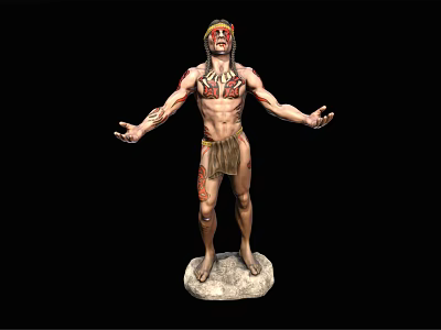 Tribal Style Game Movie Character With Chest Tattoos Headpiece And Stone Base Arms Outstretched 3d model