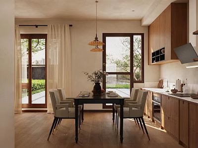 Modern Dining Room With Wooden Table Chairs Pendant Light And Kitchen Area With Greenery View 3d model