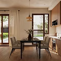 Modern Dining Room With Wooden Table Chairs Pendant Light And Kitchen Area With Greenery View