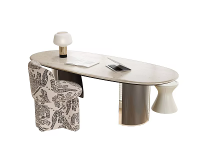 Modern Oval Desk With Light Colored Top White Lamp Notebook Mobile Phone And Patterned Chair 3d model