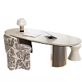 Modern Oval Desk With Light Colored Top White Lamp Notebook Mobile Phone And Patterned Chair