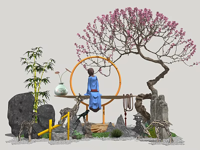 Tree with Pink Flowers Surrounded by Bamboo Rocks Blue Clothed Figure Deer and Circular Ornament 3d model
