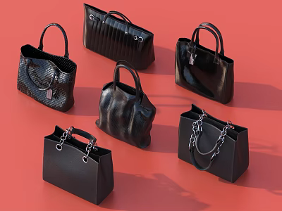 Black Leather Handbags Various Styles With Chain Details On Red Background 3d model