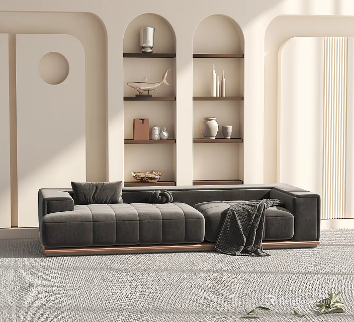 Modern Sectional Sofa In Living Room With Gray Velvet Upholstery Cushions And Throw Blanket 3d model 